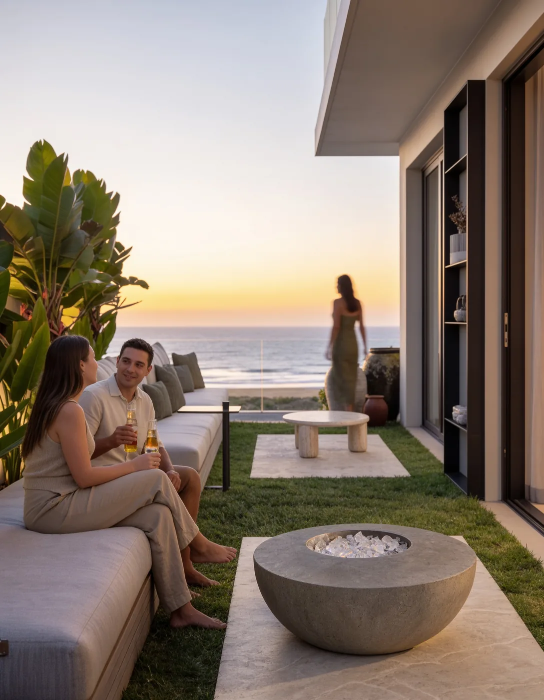 Deck com piscina e lounge ao pôr do sol, com o mar no horizonte
