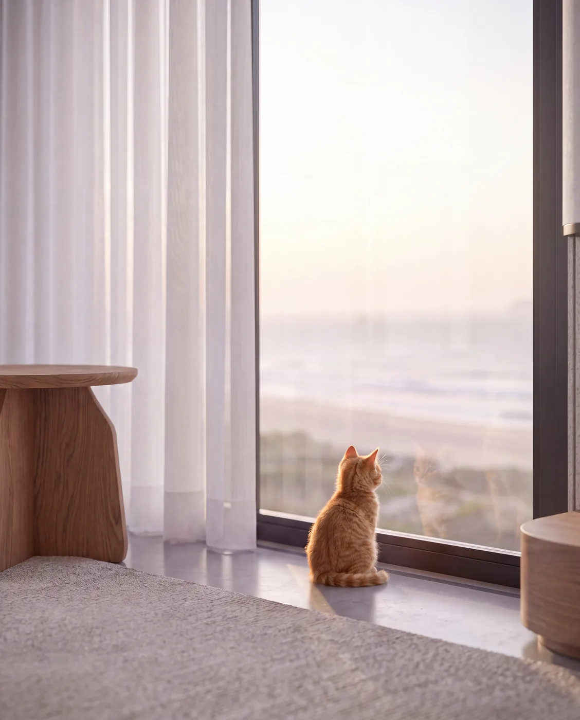 Detalhe da sala com gato na janela olhando a Praia do Campeche pela cortina voil