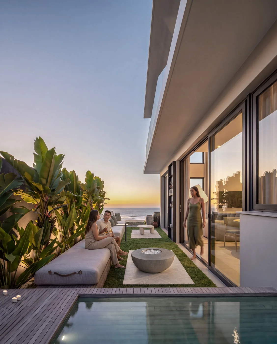 Deck com piscina de borda e lounge, casal com o mar ao fundo