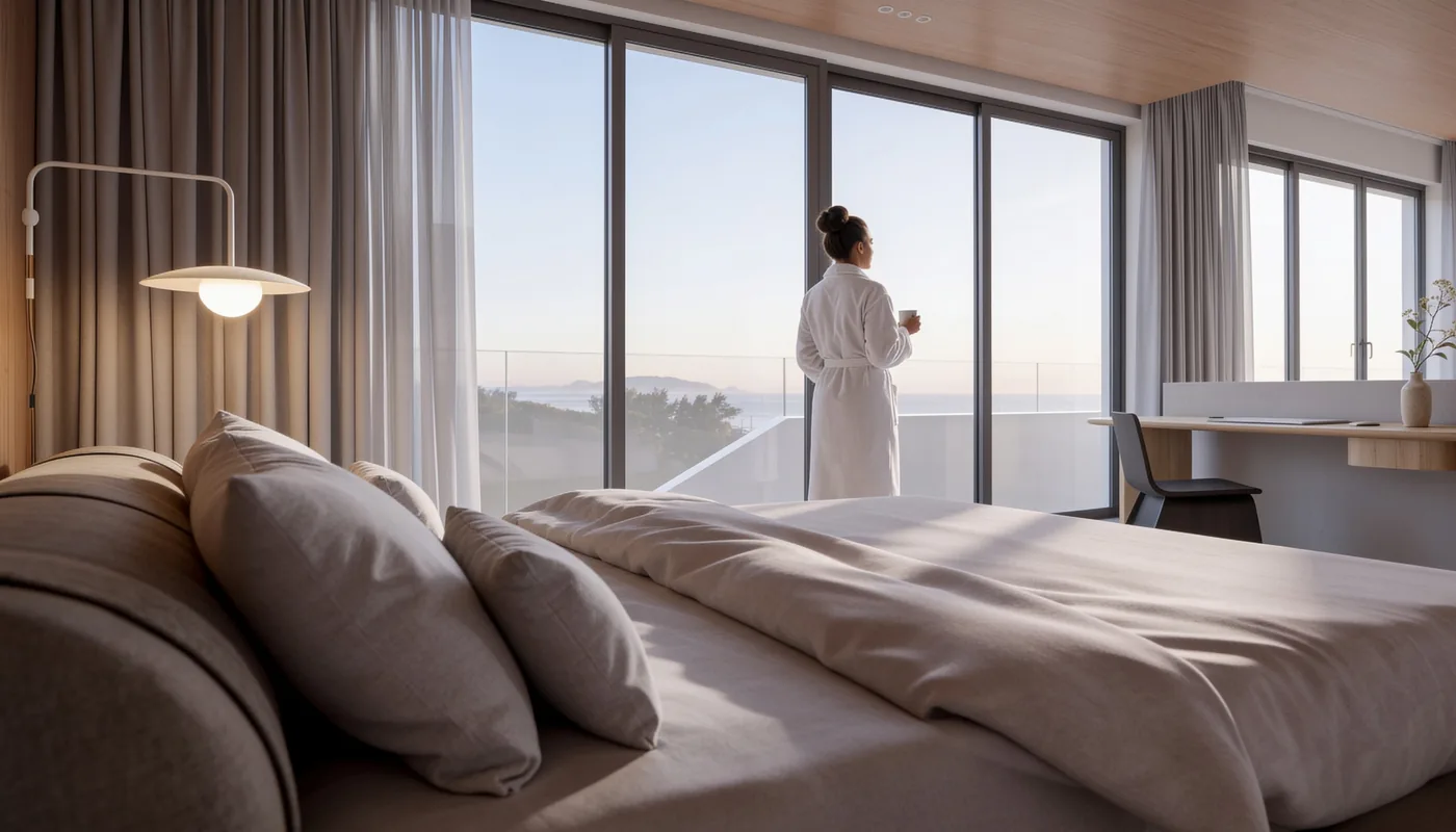Detalhe da cama da suíte com cortina voil e luz suave