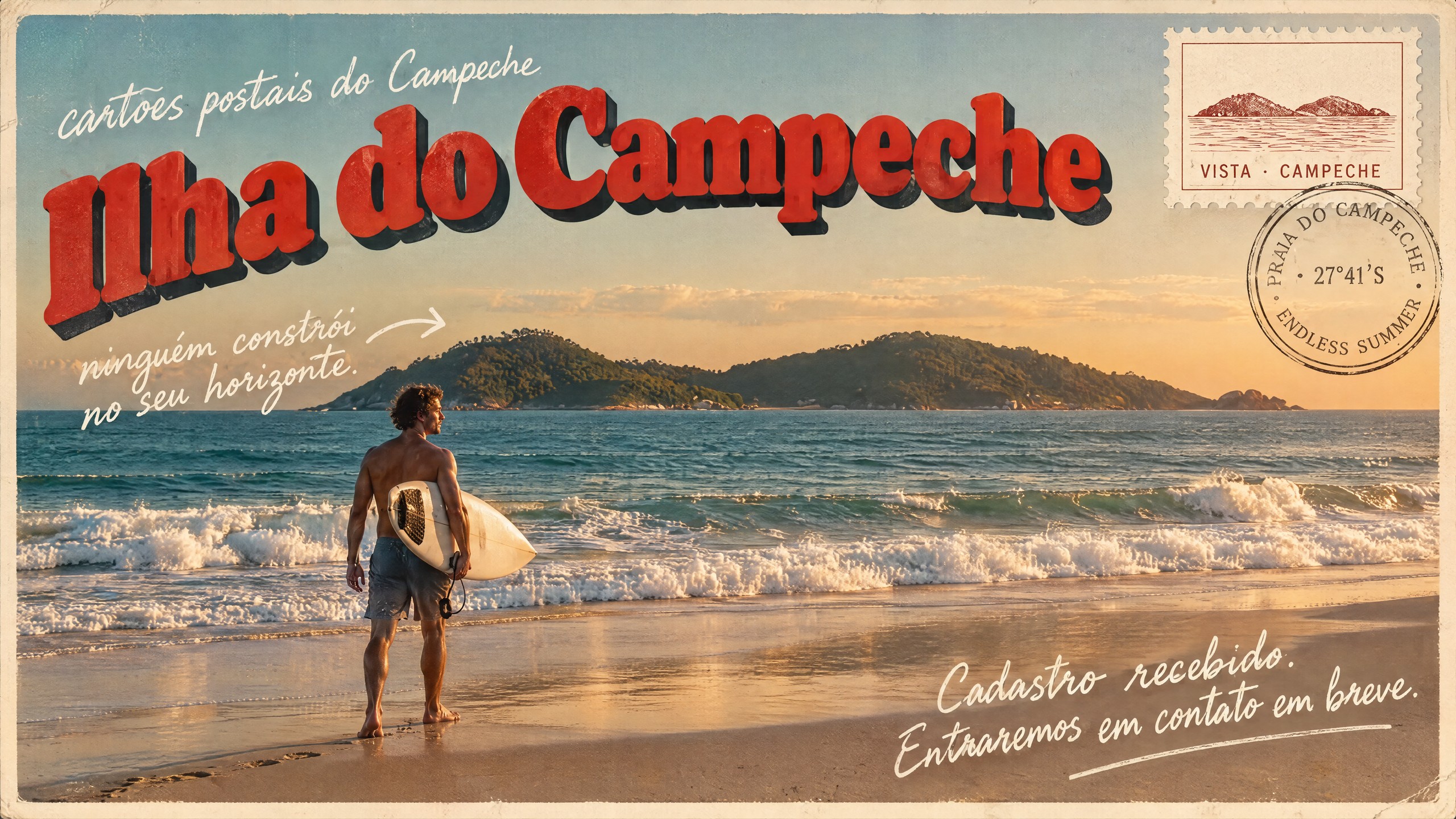 Cartão postal da Ilha do Campeche ao pôr do sol — ninguém constrói no seu horizonte. Cadastro recebido. Entraremos em contato em breve.